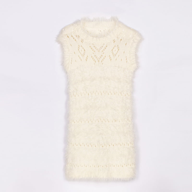 SM-K0043 Sommer Mohair ærmeløs strikkjole Fransk hulbundskjole