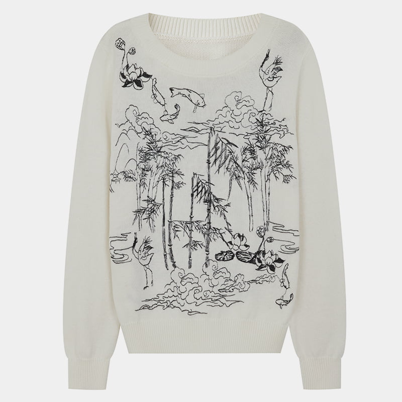 ML2209 Worsted Soft Doodle Broderi Rund Hals Strikket Jumper Sweater
