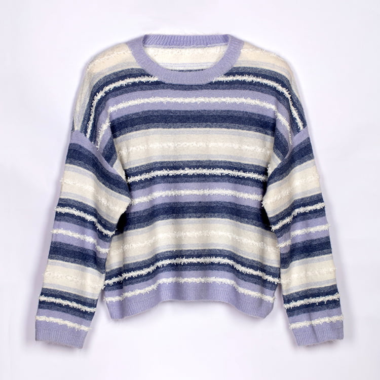 SM-K0047 Stribet gradient sødt patchwork løs strikket trøje med rund hals