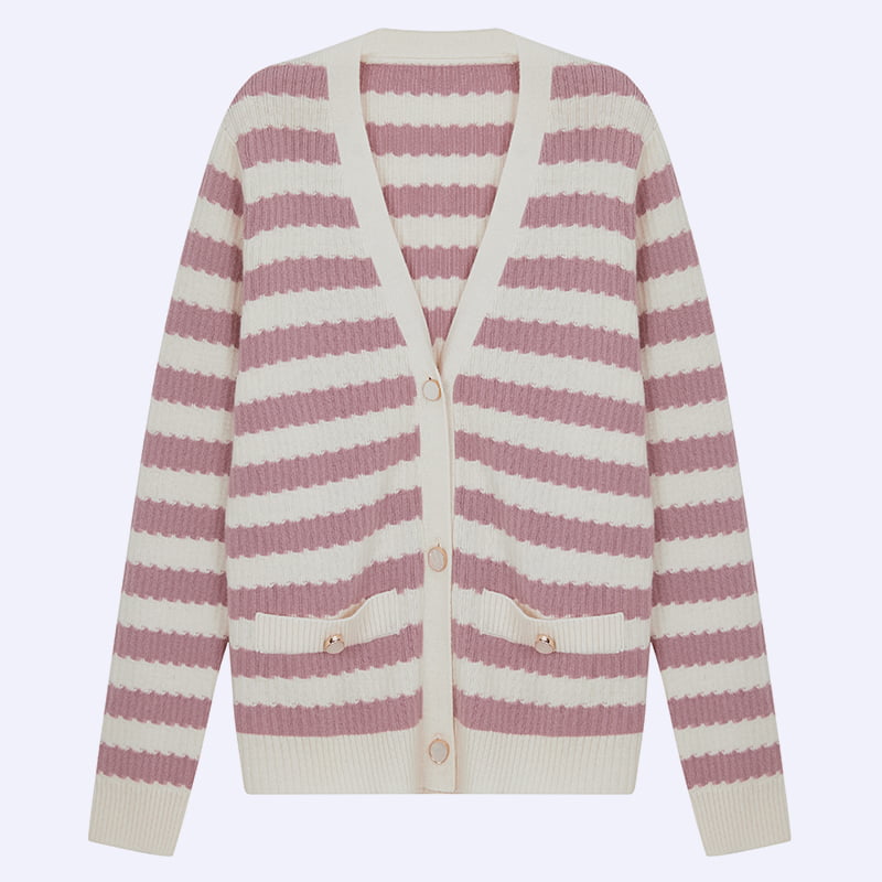 ML2204 Pink og hvid stribet V-hals strikket cardigan sweaterjakke
