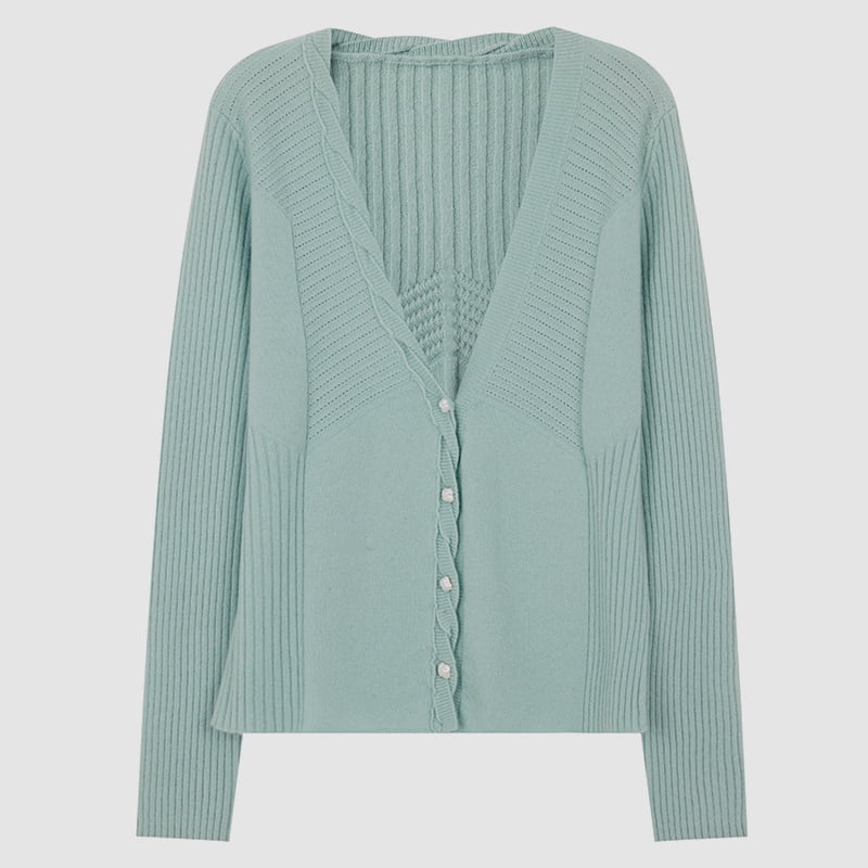 ML2218 V-hals twist enkeltradet strik cardigan med kronbladsknapper