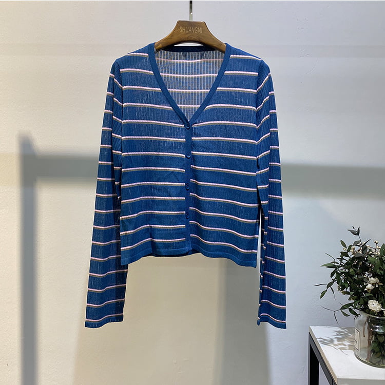 SM-K0001 Sommer overtøj til kvinder Koreansk linned stribet solblok strik cardigan