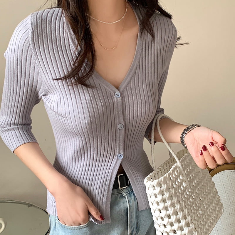 SM-K0023 Forår Dame enkeltradet V-hals Midlængde ærmer Slim Fit strik cardigan SM-K0023 Forår Dame enkeltradet V-hals Midlængde ærmer Slim Fit strik cardigan