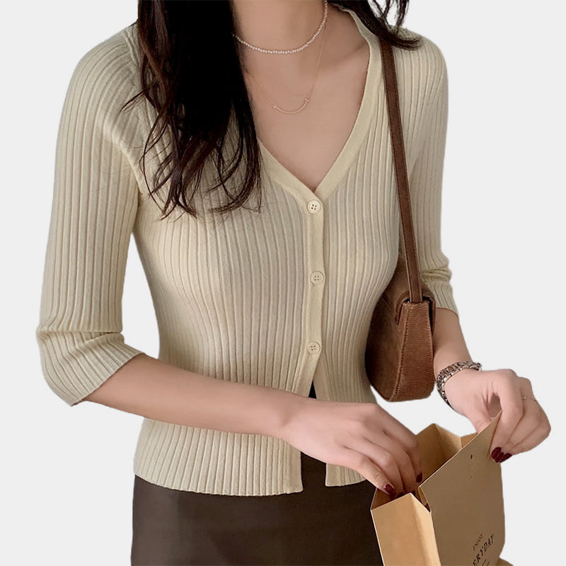 SM-K0023 Forår Dame enkeltradet V-hals Midlængde ærmer Slim Fit strik cardigan SM-K0023 Forår Dame enkeltradet V-hals Midlængde ærmer Slim Fit strik cardigan