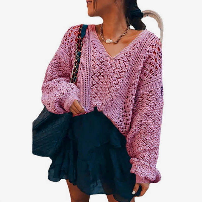 SM-K0082 Ensfarvet V-hals hul striktrøje sweater strikket trøje