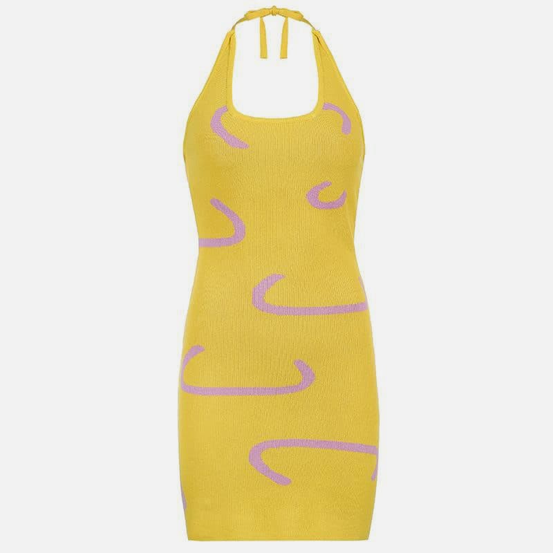 SM-K0087 Farvestribet Jacquard Halter ærmeløs kort strikket kjole