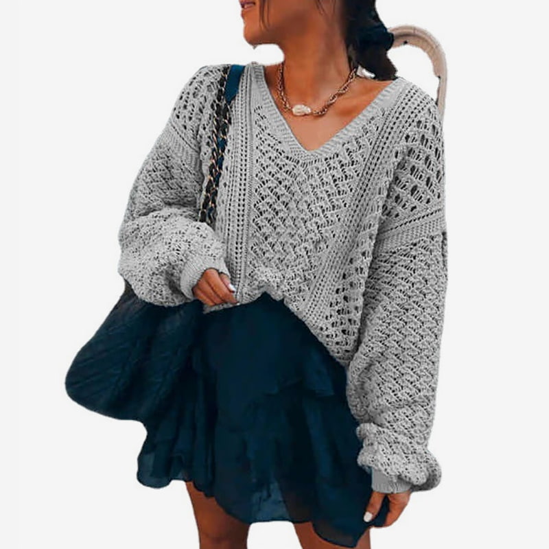 SM-K0082 Ensfarvet V-hals hul striktrøje sweater strikket trøje SM-K0082 Ensfarvet V-hals hul striktrøje sweater strikket trøje