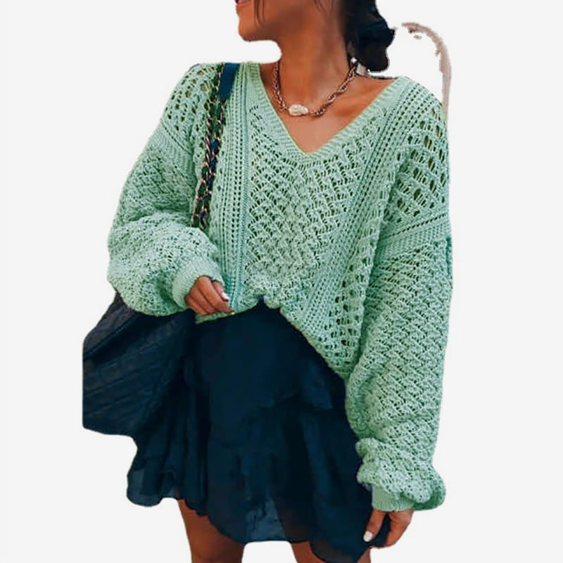 SM-K0082 Ensfarvet V-hals hul striktrøje sweater strikket trøje SM-K0082 Ensfarvet V-hals hul striktrøje sweater strikket trøje