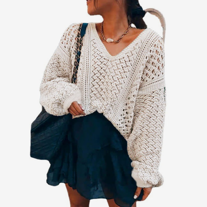 SM-K0082 Ensfarvet V-hals hul striktrøje sweater strikket trøje SM-K0082 Ensfarvet V-hals hul striktrøje sweater strikket trøje