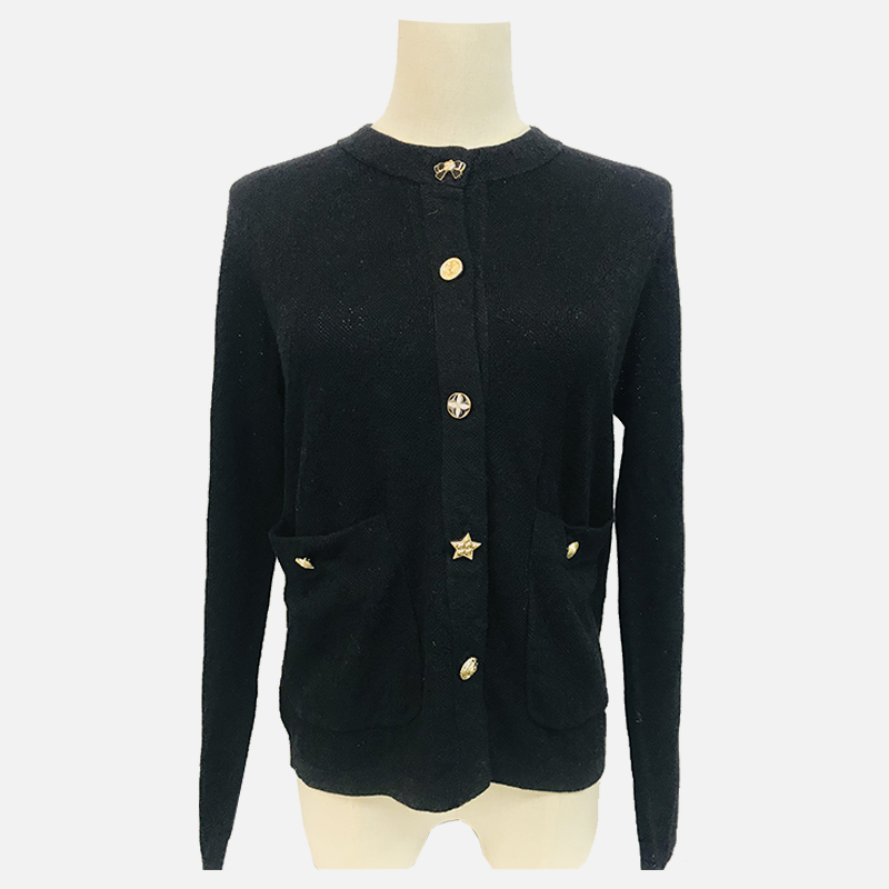 D23-502B Sort langærmet cardigan med rund hals